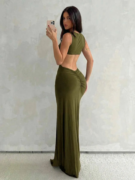 SHEIN Aloruh فستان ماكسي بلون أخضر عسكري بدون أكمام وقصة ضيقة بذيل سمكة