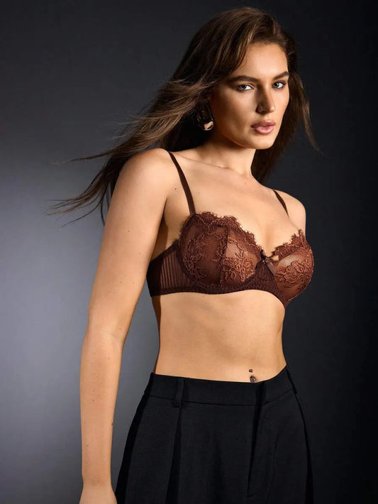 SHEIN EmpressEnvy حمالة صدر نسائية سلكية شفافة بتطريز دانتيل بلون بني