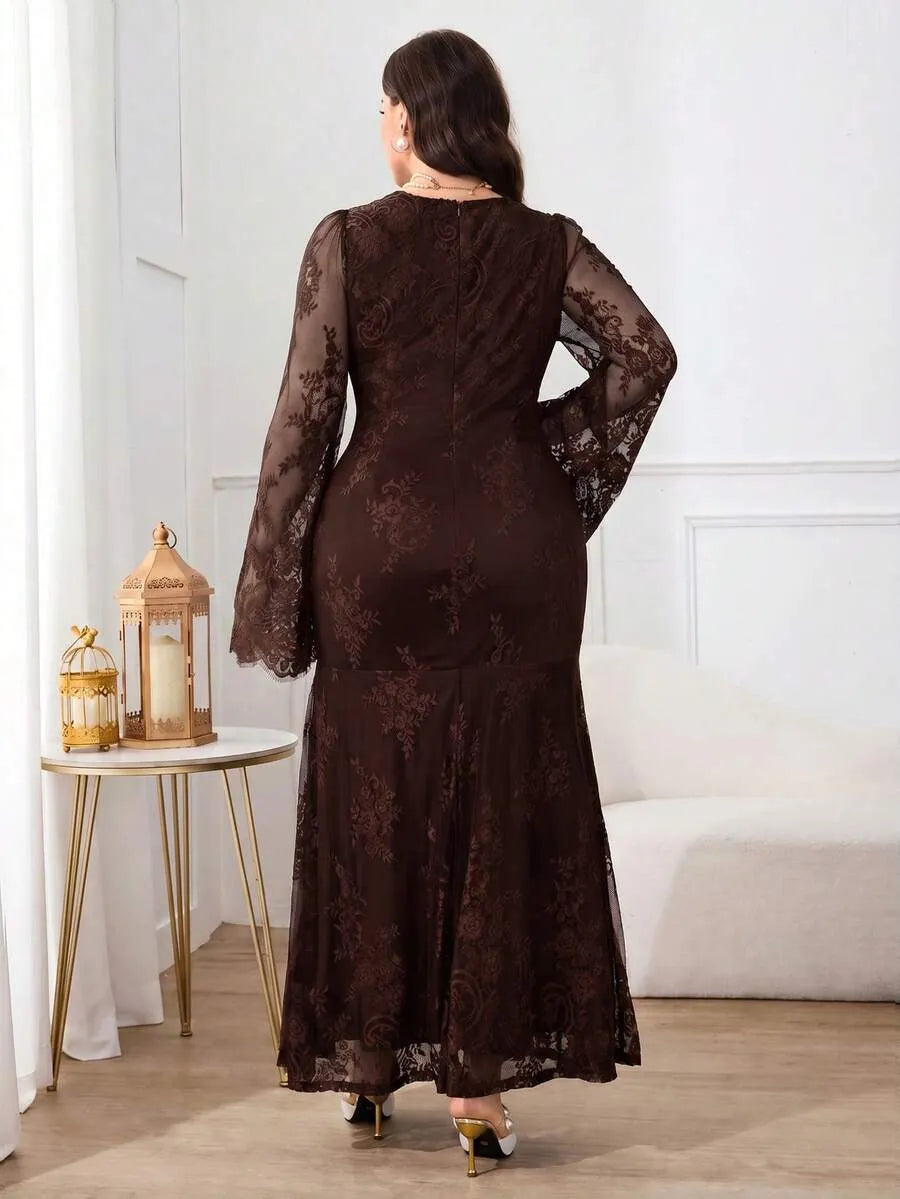 SHEIN Modelyn فستان دانتيل طويل بياقة V وأكمام واسعة بقصة حورية البحر بلون بني قهوة