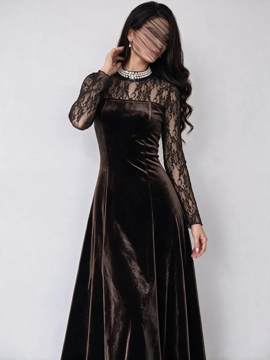 SHEIN NOVVYNE فستان مخملي ميدي بياقة واقفة وأكمام طويلة وتفاصيل دانتيل وخرز بلون بني داكن