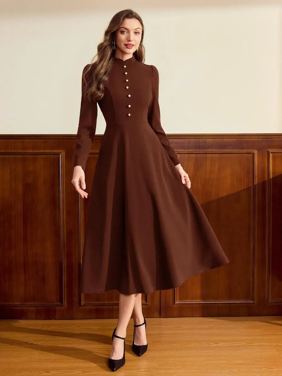 SHEIN Vintamour فستان نسائي بياقة تشيونغسام وأزرار أمامية وجيوب بلون بني