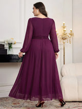 SHEIN Modelyn فستان طويل بياقة ملفوفة وأكمام فانوس وخصر مرتفع بلون أحمر بنفسجي