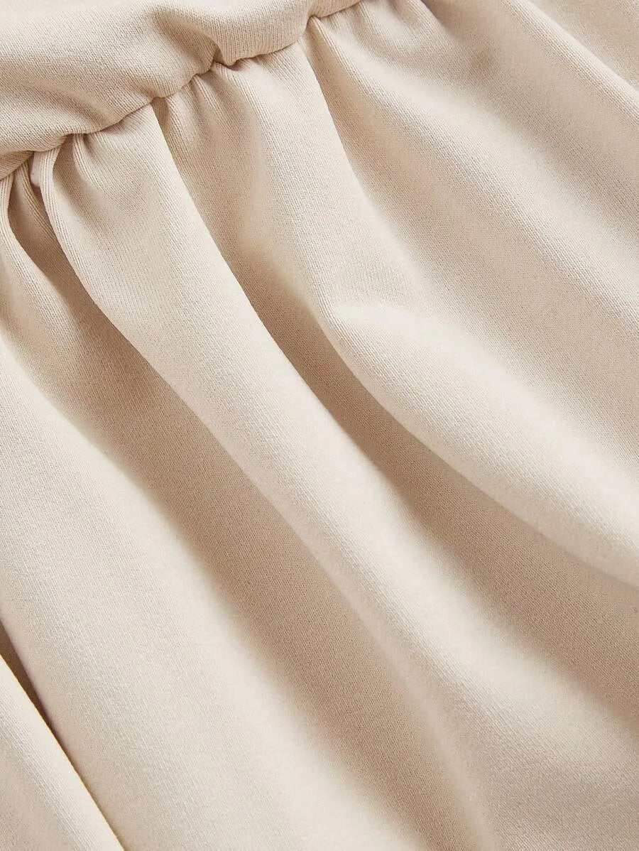 SHEIN MOD فستان نسائي ميدي بياقة دائرية وأكمام طويلة وتفاصيل مجعدة بلون بيج