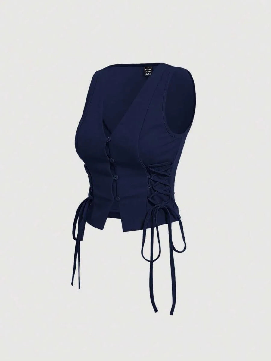 SHEIN MOD توب كروب نسائي برباط جانبي وتصميم متقاطع بلون أزرق بحري