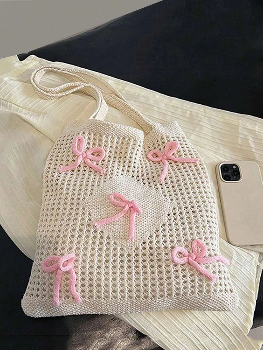 SHEIN حقيبة شاطئ وكتف كروشيه متوسطة الحجم بفيونكات وردية تصميم مفرغ