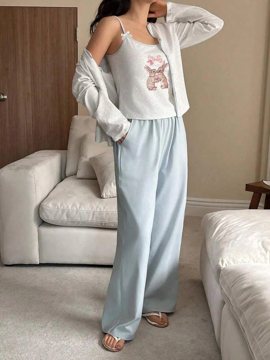 SHEIN DAZY طقم بيجامة 3 قطع بلون رمادي كامي مع بنطلون طويل ورداء بأكمام طويلة