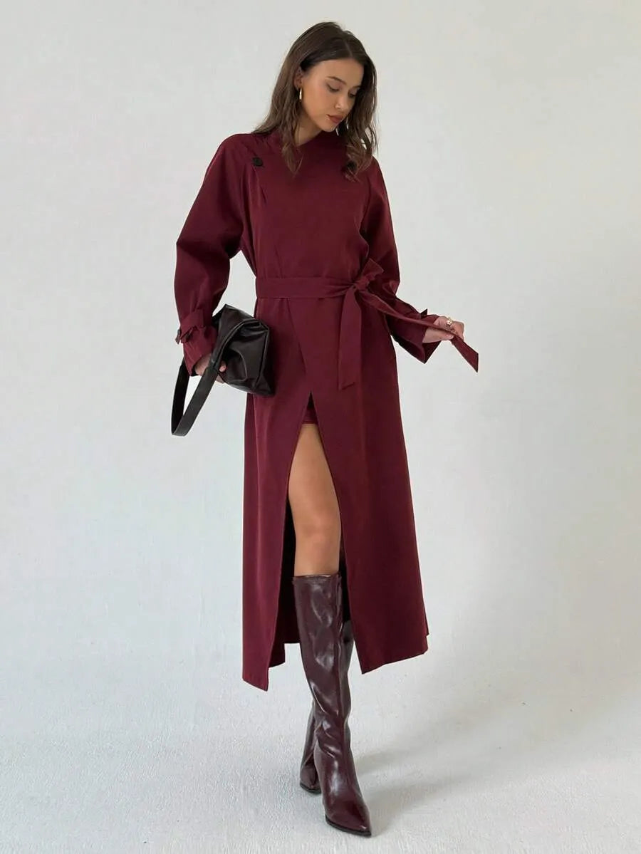 SHEIN Aloruh معطف ترنش طويل بصف أزرار مزدوج وحزام خصر بلون أحمر بنفسجي