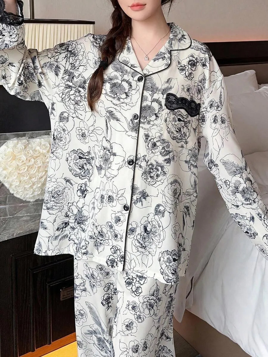 SHEIN طقم بيجامة قطعتين بأكمام طويلة وتطريز دانتيل وزهور بلون أبيض وأسود