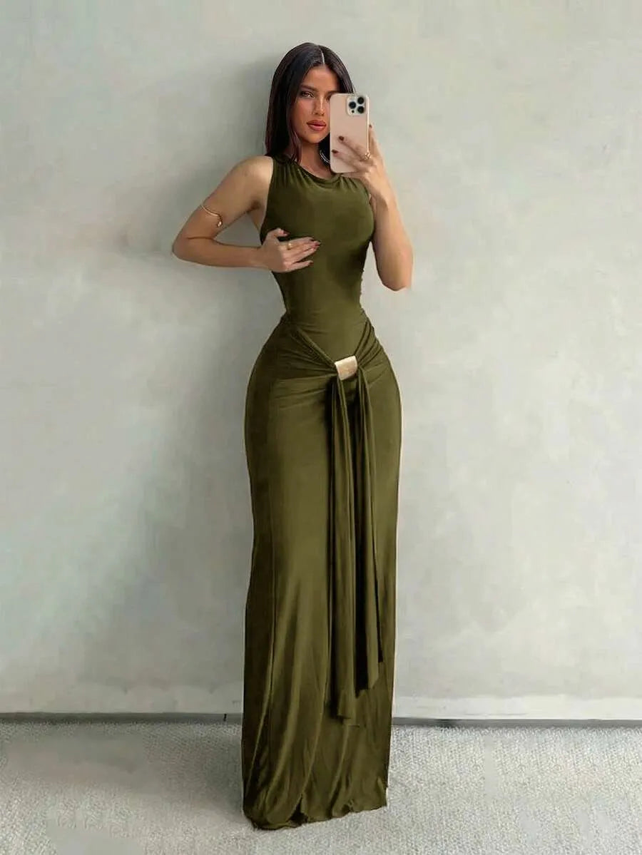SHEIN Aloruh فستان ماكسي بلون أخضر عسكري بدون أكمام وقصة ضيقة بذيل سمكة