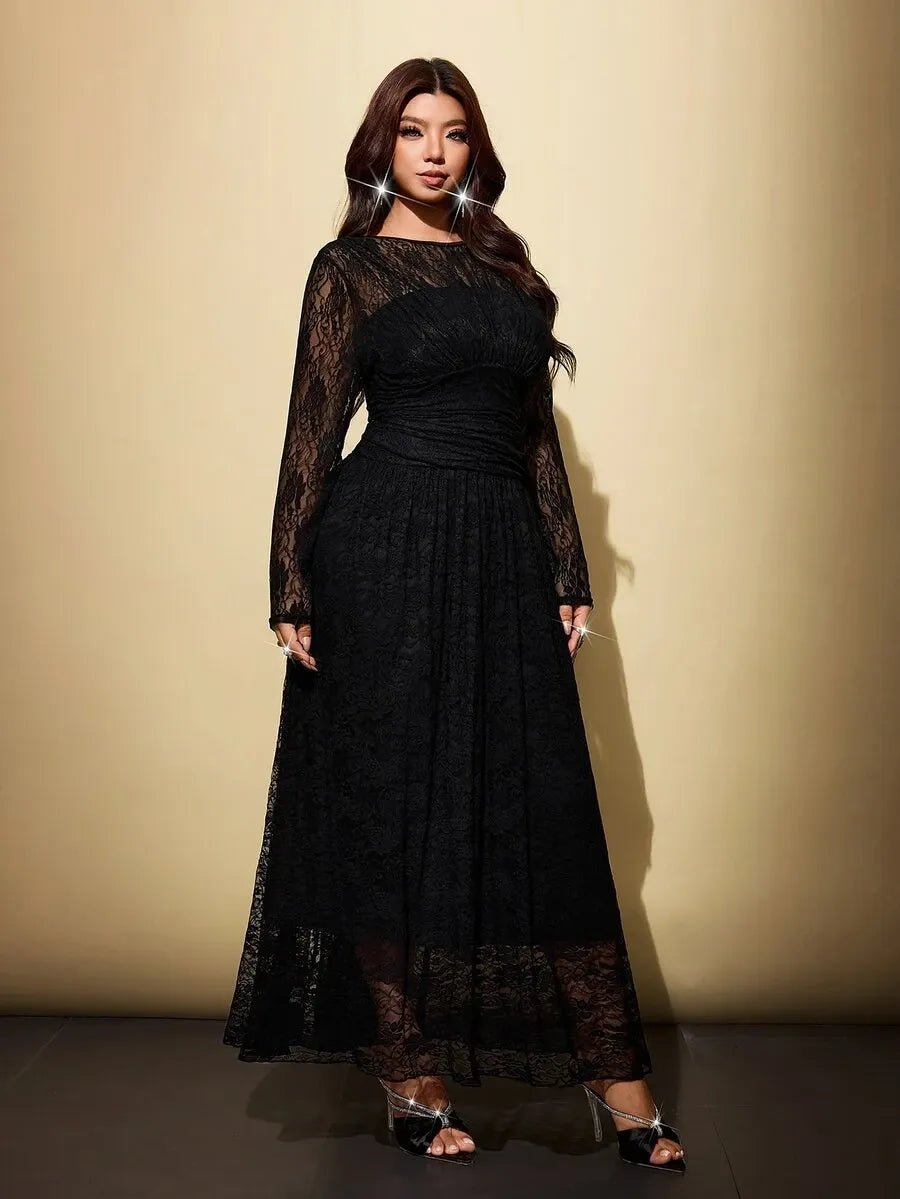 SHEIN Viva Relle فستان نسائي من الشبك بياقة غير متماثلة وترتر بلون أسود