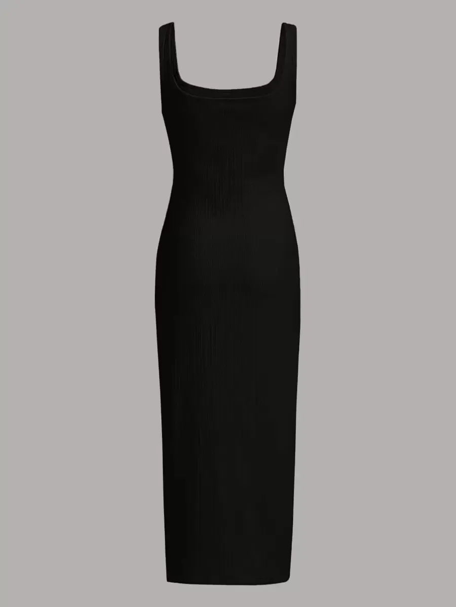 SHEIN MOD فستان نسائي محبوك بياقة مربعة بلون أسود