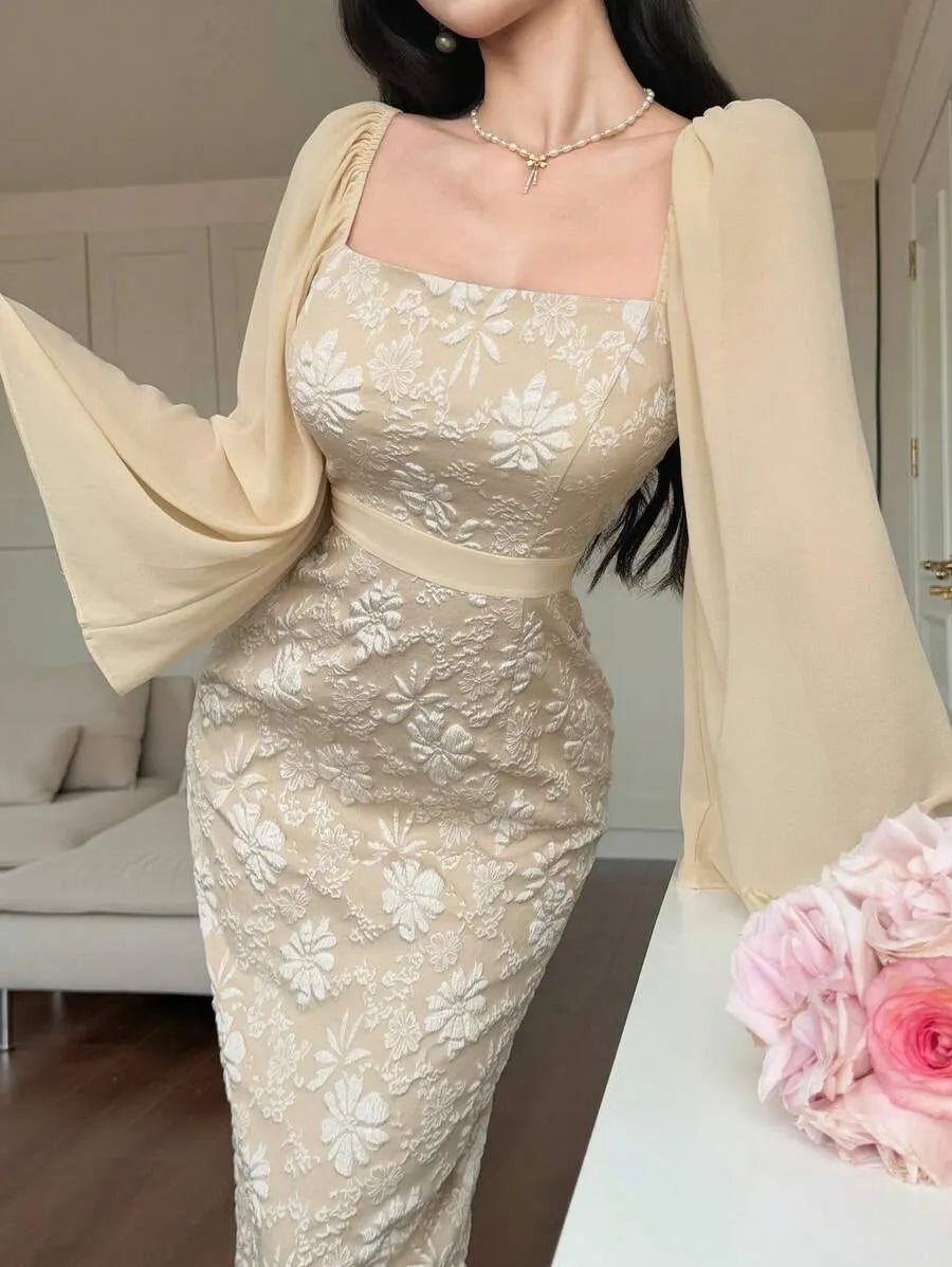 SHEIN DAZY فستان طويل بياقة مربعة وأكمام بفتحات ونقشة جاكار بلون بيج