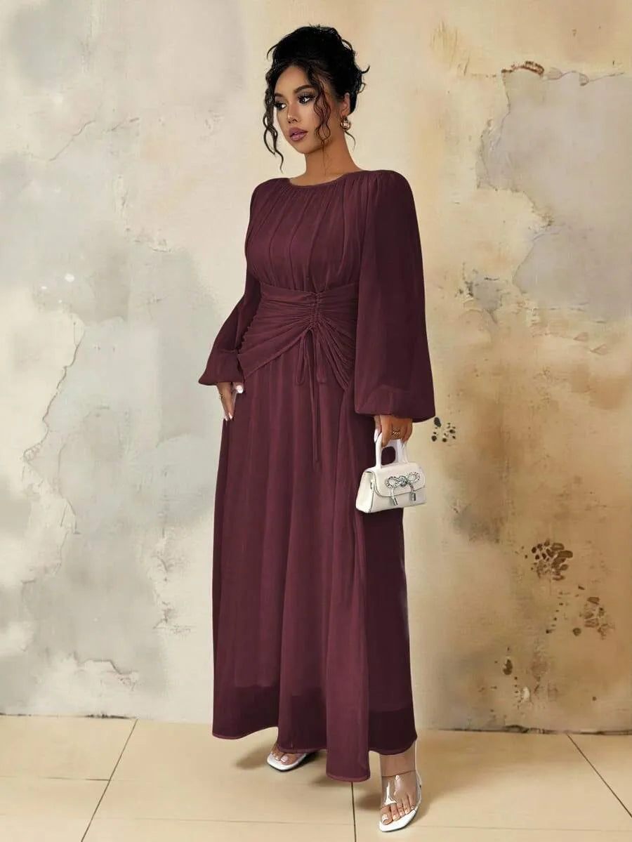 SHEIN Roveilla فستان نسائي طويل بياقة دائرية وخصر برباط وتفاصيل مطوية بلون كستنائي