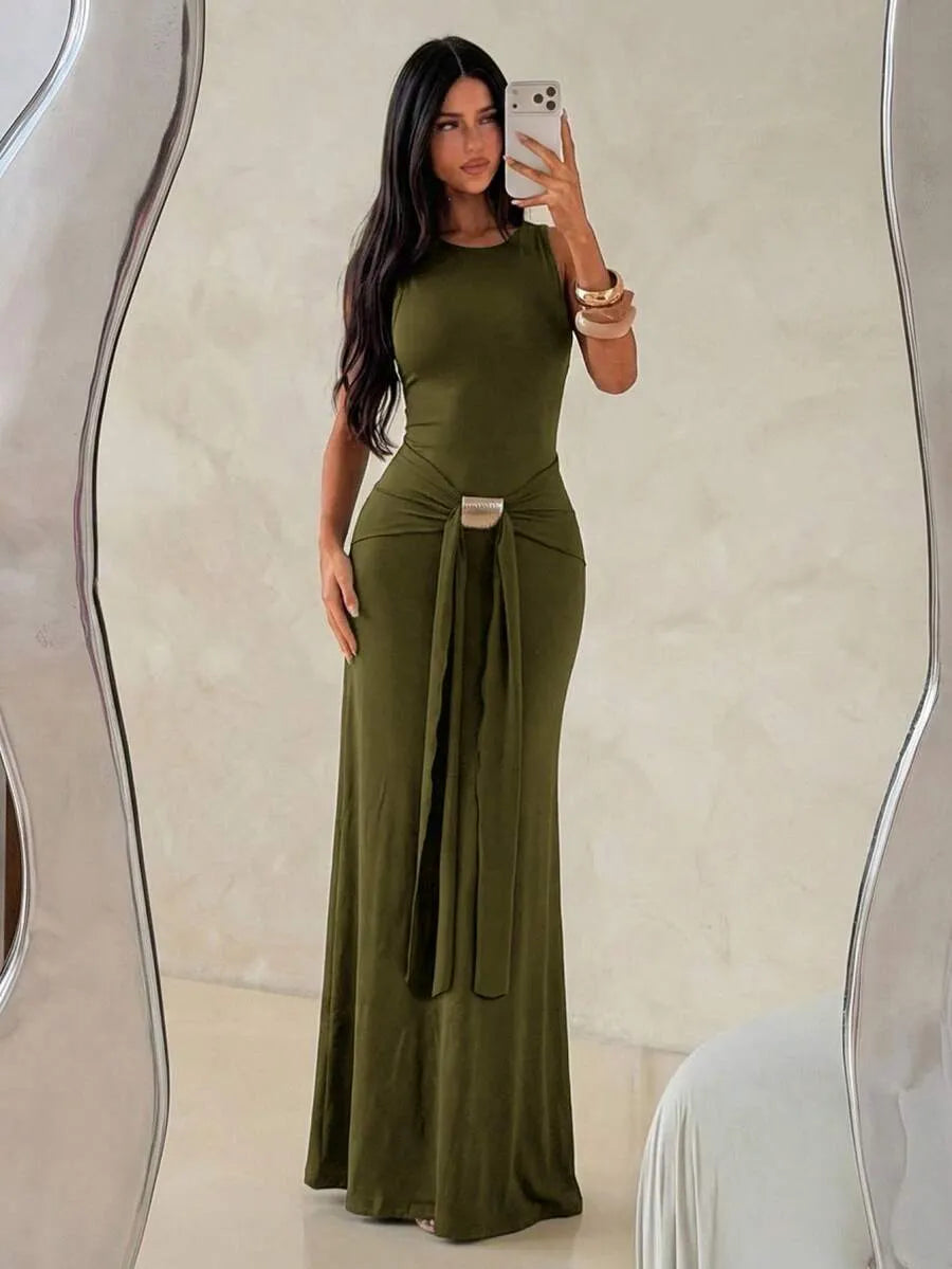 SHEIN Aloruh فستان ماكسي بلون أخضر عسكري بدون أكمام وقصة ضيقة بذيل سمكة