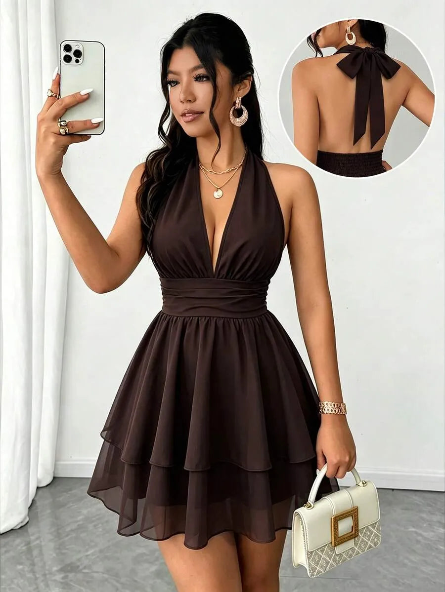 SHEIN PariChic فستان بلون بني داكن ميني برسن بنقاط بولكا عارية الذراعين