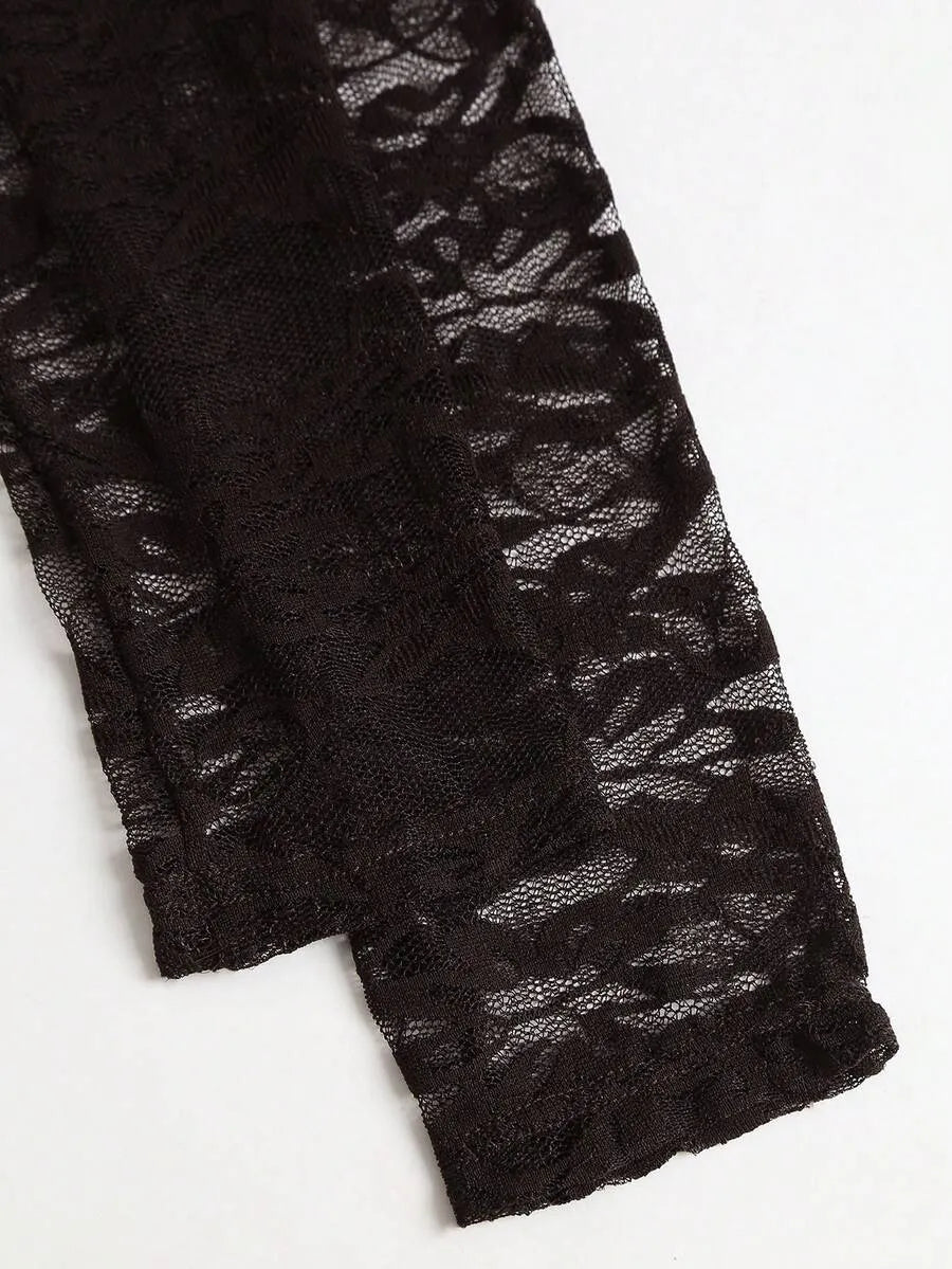 SHEIN Sweetra جمبسوت نسائي بتطريز دانتيل وياقة غير متماثلة وخصر عالٍ بلون بني قهوة