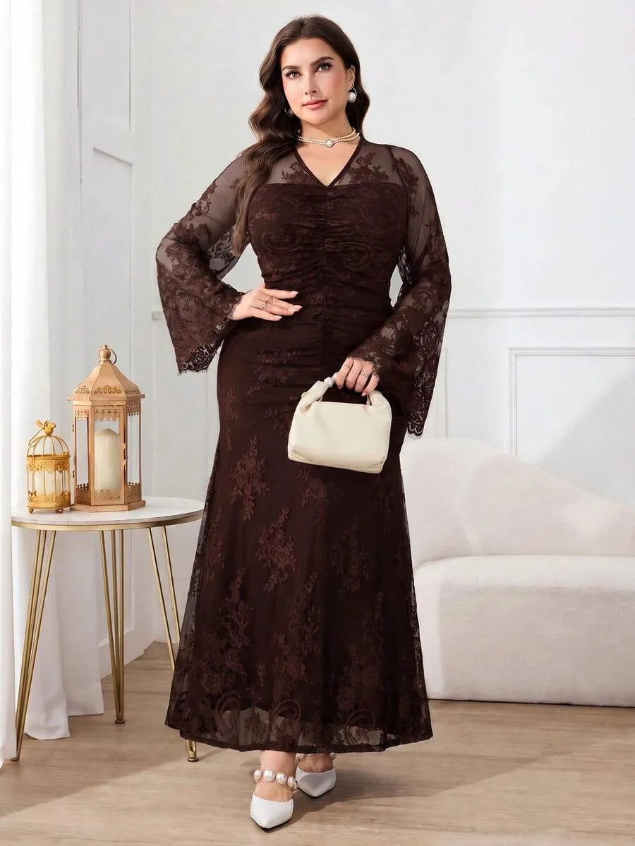 SHEIN Modelyn فستان دانتيل طويل بياقة V وأكمام واسعة بقصة حورية البحر بلون بني قهوة