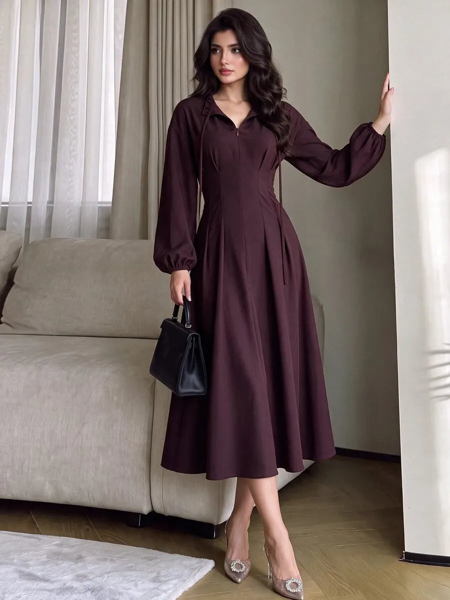 SHEIN NOVVYNE فستان ميدي بياقة وربطة وأكمام فانوس وكشكشة بلون عنابي