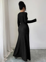 SHEIN Modelyn فستان محبوك ماكسي بياقة دائرية وأزرار ذهبية أمامية وأكمام طويلة بلون أسود