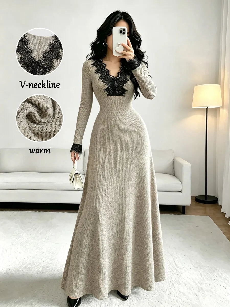 SHEIN Elenzga فستان محبوك طويل بياقة وتفاصيل دانتيل بلون متعدد الألوان