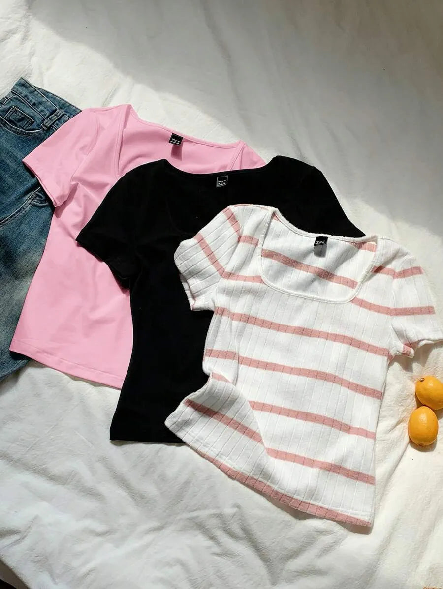 SHEIN Comfortcana طقم 3 قطع تي شيرت نسائي قصير بياقة مربعة وأكمام قصيرة متعدد الألوان