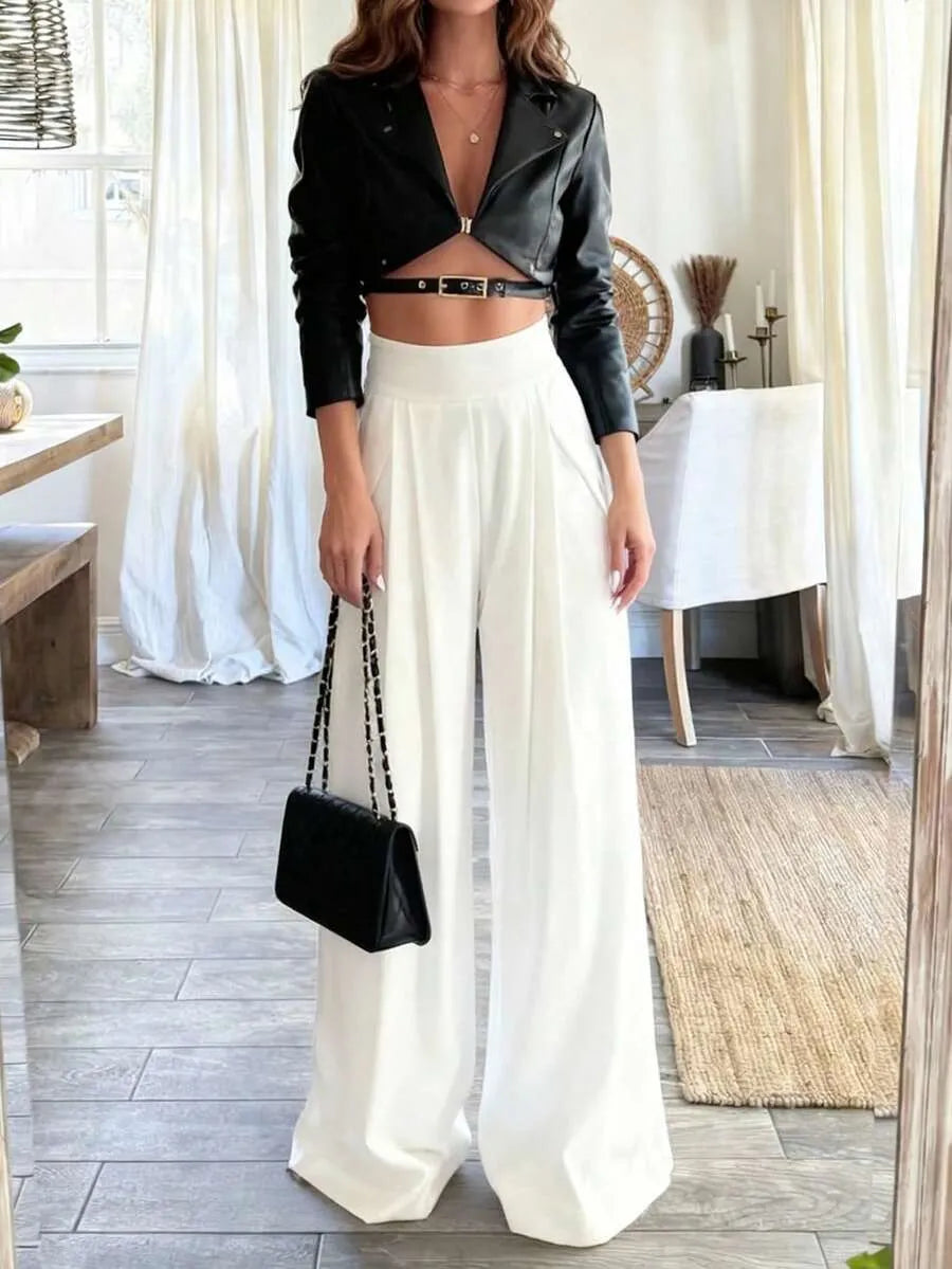 SHEIN فلوريا بنطلون أبيض طويل واسع بخصر عالي
