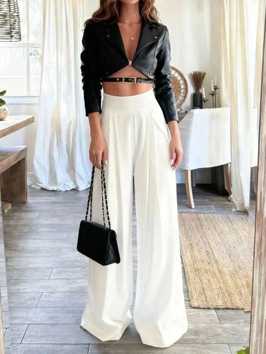 SHEIN فلوريا بنطلون أبيض طويل واسع بخصر عالي