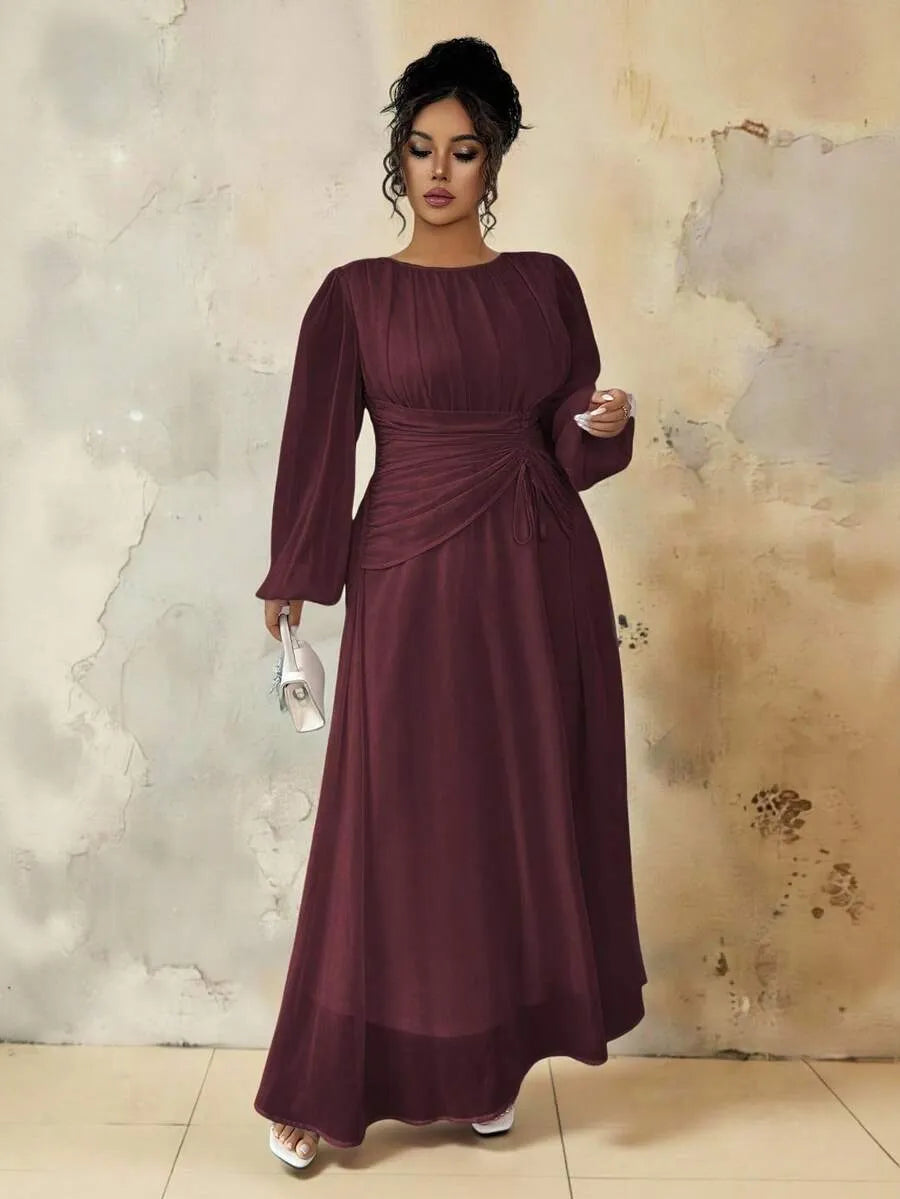 SHEIN Roveilla فستان نسائي طويل بياقة دائرية وخصر برباط وتفاصيل مطوية بلون كستنائي