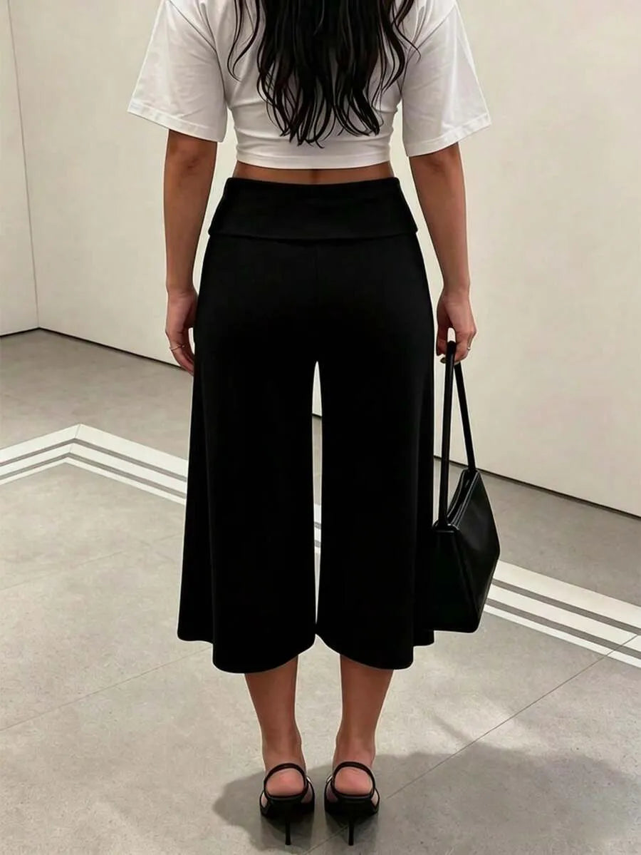 SHEIN بنطلون بلون الأسود متوسط الطول واسع الساق بخصر طبيعي