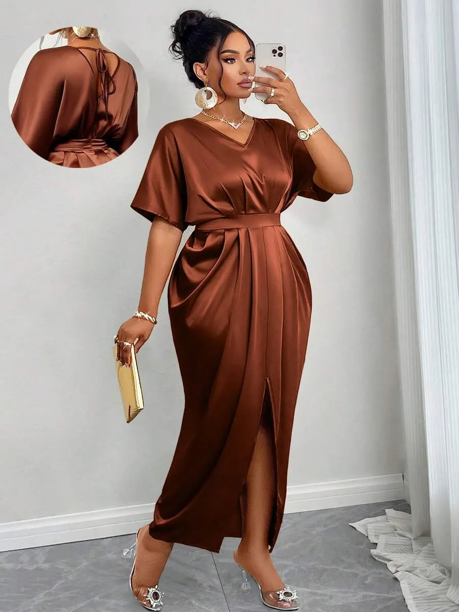 SHEIN SOLERSUN فستان نسائي ماكسي أنيق بلون بني لامع