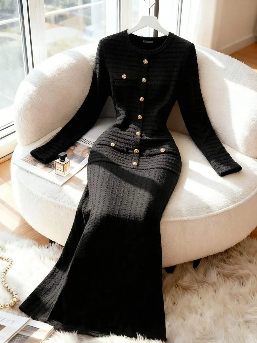 SHEIN Modelyn فستان محبوك ماكسي بياقة دائرية وأزرار ذهبية أمامية وأكمام طويلة بلون أسود