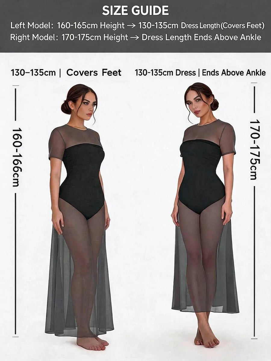 SHEIN Viva Relle فستان نسائي من الشبك بياقة غير متماثلة وترتر بلون أسود