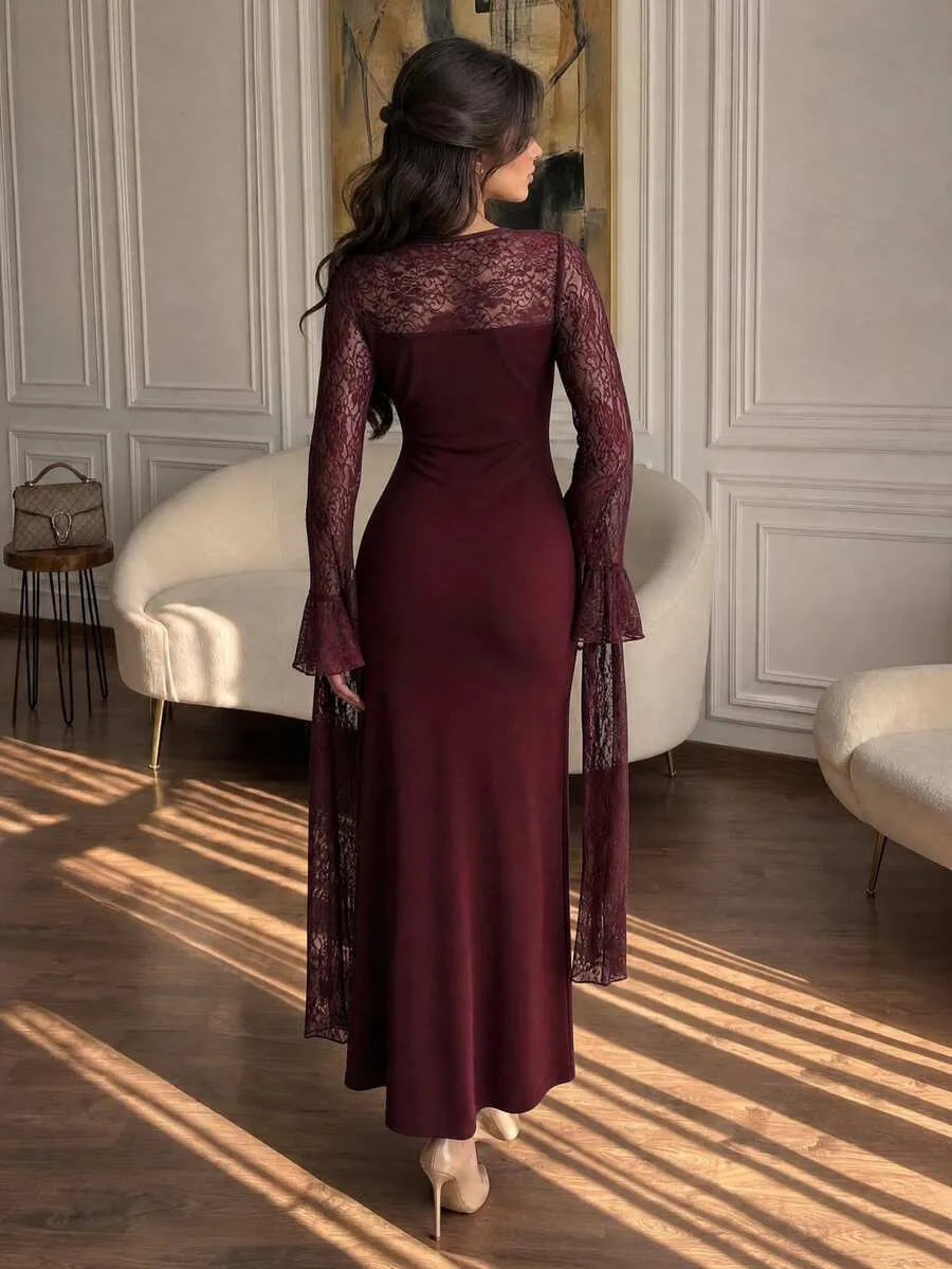 SHEIN Modelyn فستان طويل ضيق بياقة دائرية وأكمام واسعة وتفاصيل دانتيل بلون عنابي