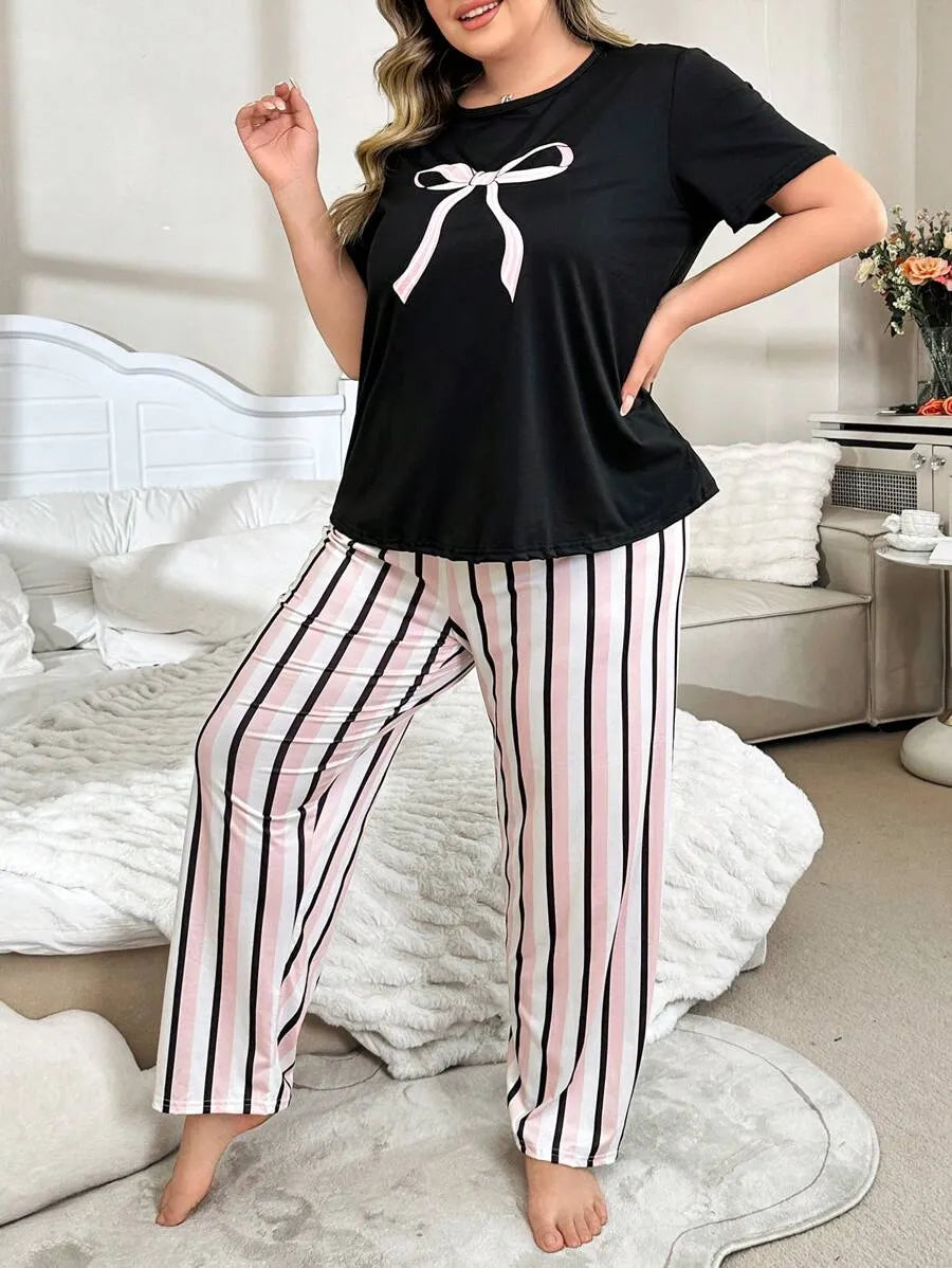 SHEIN طقم بيجامة نسائي بلون متعدد الألوان بفيونكة وبنطال مخطط وأكمام قصيرة