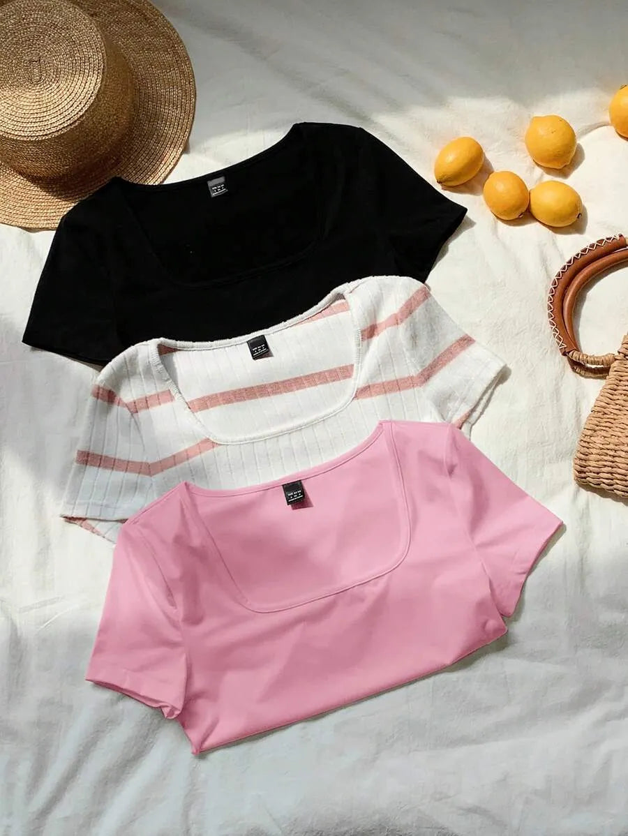 SHEIN Comfortcana طقم 3 قطع تي شيرت نسائي قصير بياقة مربعة وأكمام قصيرة متعدد الألوان
