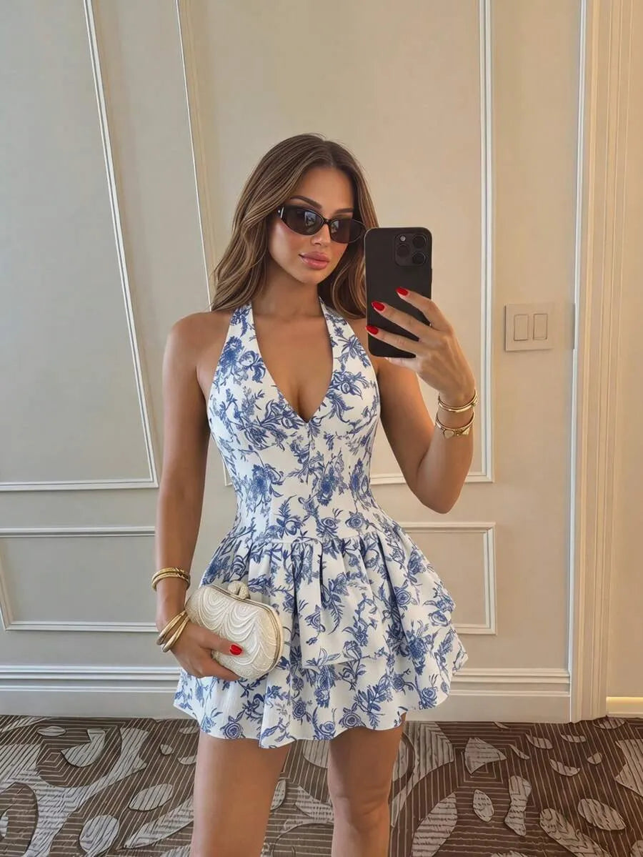 SHEIN Sunnyshic فستان ميني بلون متعدد الألوان بطبعة زهور وكشكشة وربطة عنق