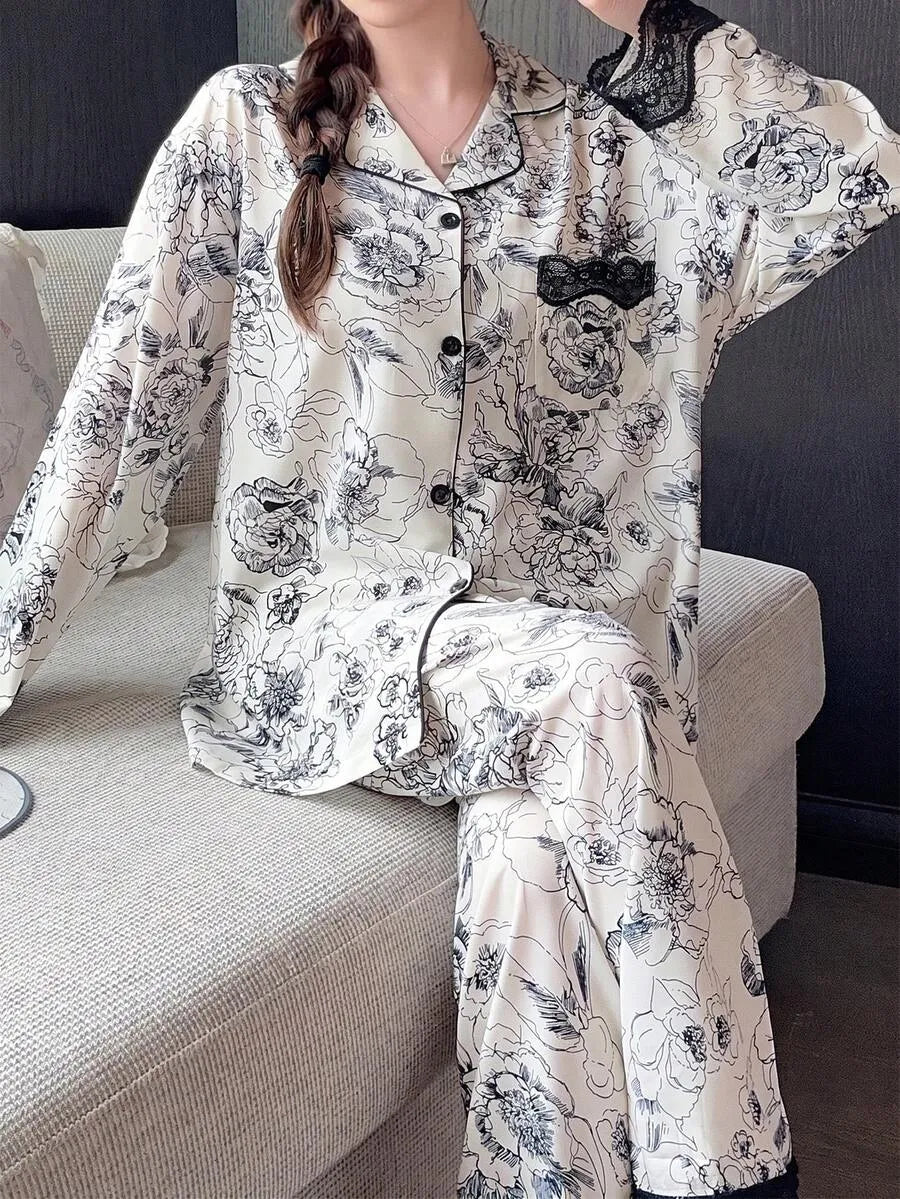 SHEIN طقم بيجامة قطعتين بأكمام طويلة وتطريز دانتيل وزهور بلون أبيض وأسود