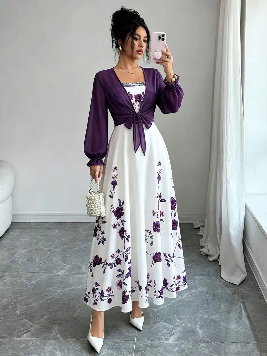 SHEIN طقم فستان كامي بطبعة أوركيد مع كارديجان شيفون بكشكشة بلون أرجواني