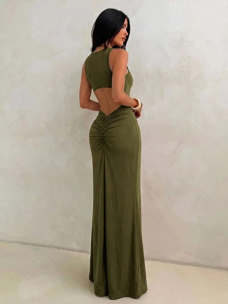 SHEIN Aloruh فستان ماكسي بلون أخضر عسكري بدون أكمام وقصة ضيقة بذيل سمكة