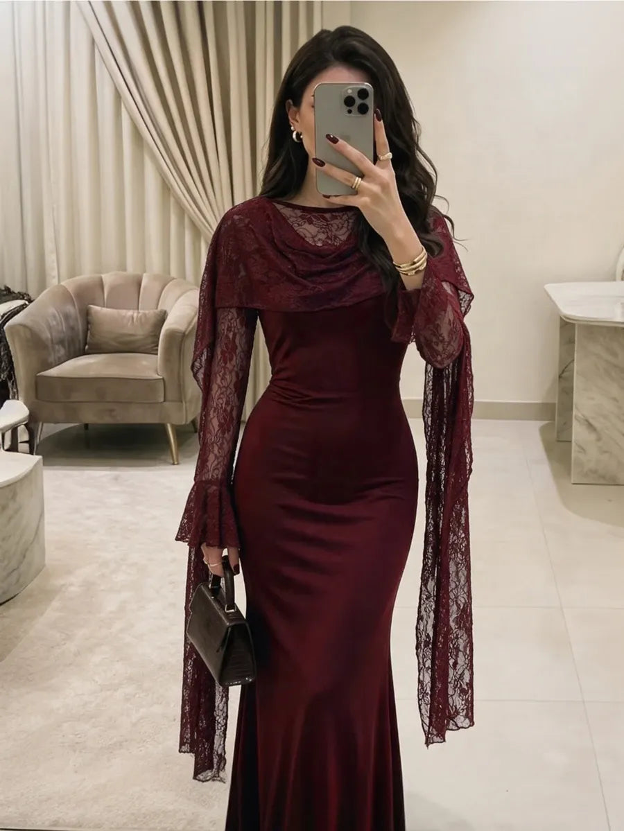 SHEIN Modelyn فستان طويل ضيق بياقة دائرية وأكمام واسعة وتفاصيل دانتيل بلون عنابي