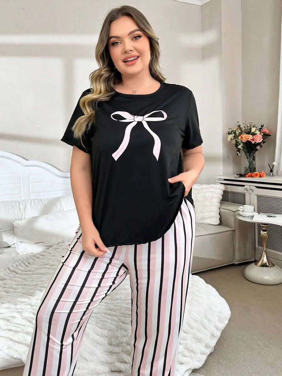 SHEIN طقم بيجامة نسائي بلون متعدد الألوان بفيونكة وبنطال مخطط وأكمام قصيرة