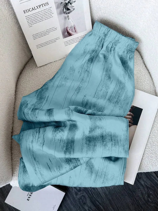 SHEIN LUNE بنطال فضفاض واسع بلون أزرق بطبعة حبر