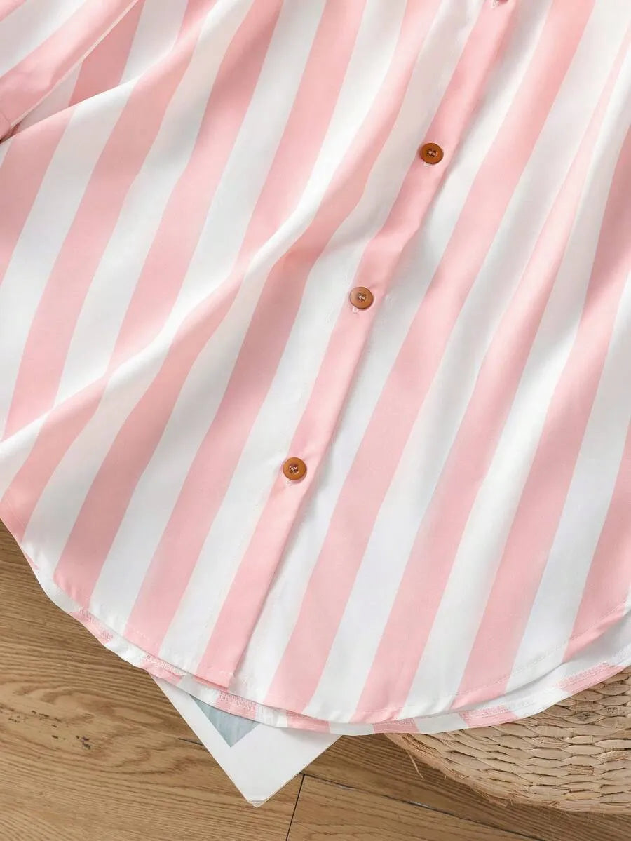 SHEIN قميص نسائي فضفاض طويل مخطط بأزرار وجيوب وأكمام قابلة للطي بلون وردي فاتح