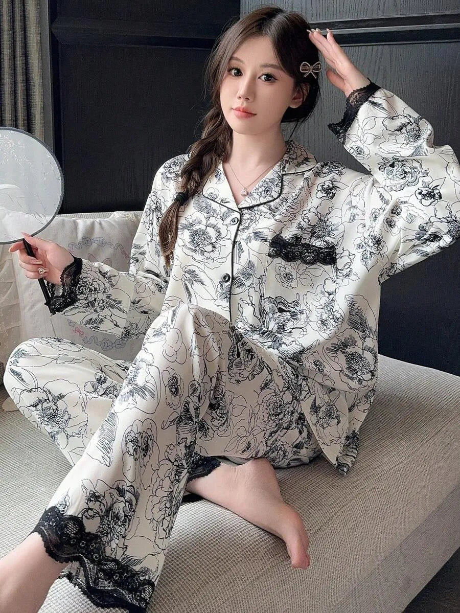 SHEIN طقم بيجامة قطعتين بأكمام طويلة وتطريز دانتيل وزهور بلون أبيض وأسود