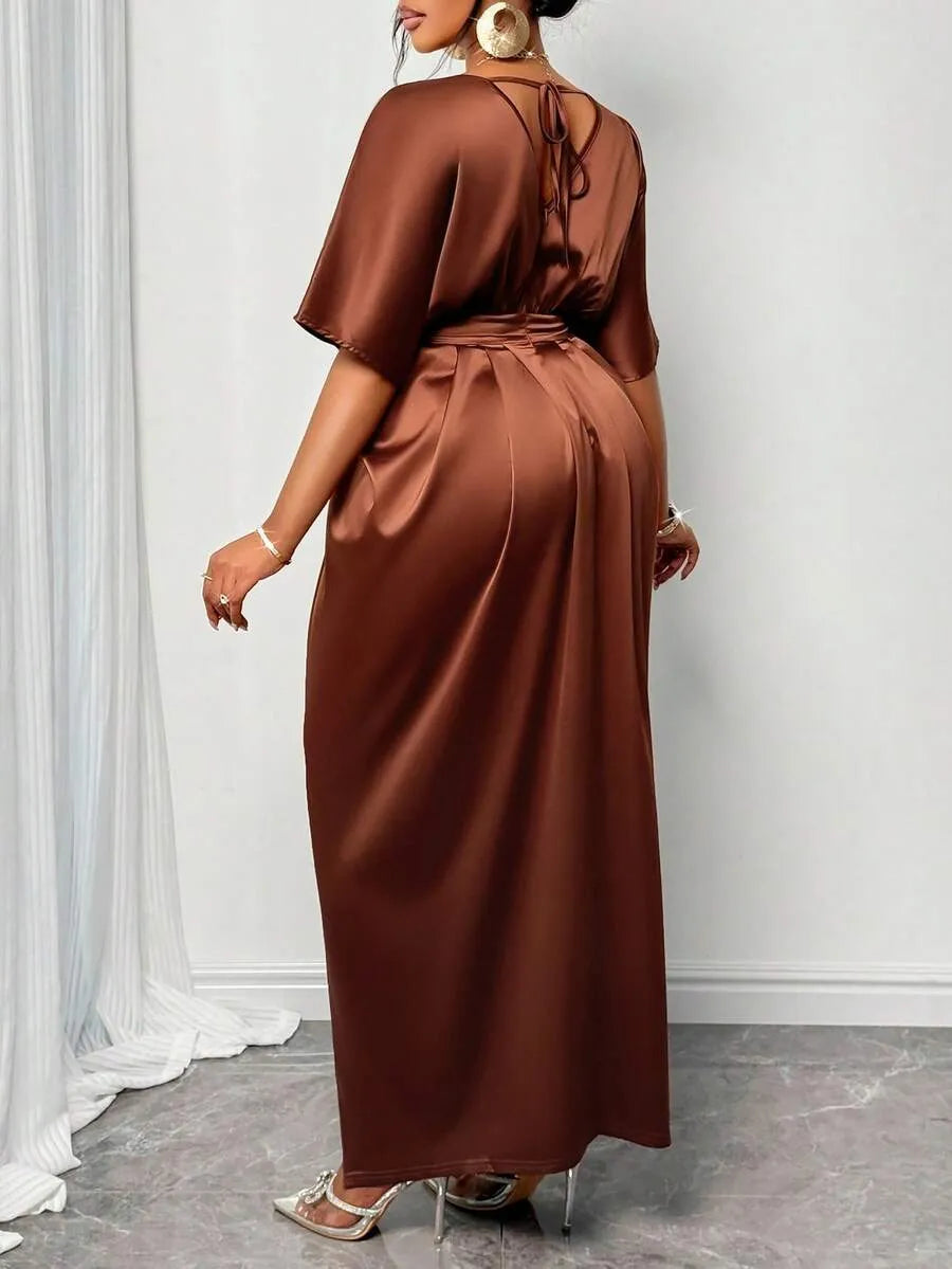 SHEIN SOLERSUN فستان نسائي ماكسي أنيق بلون بني لامع