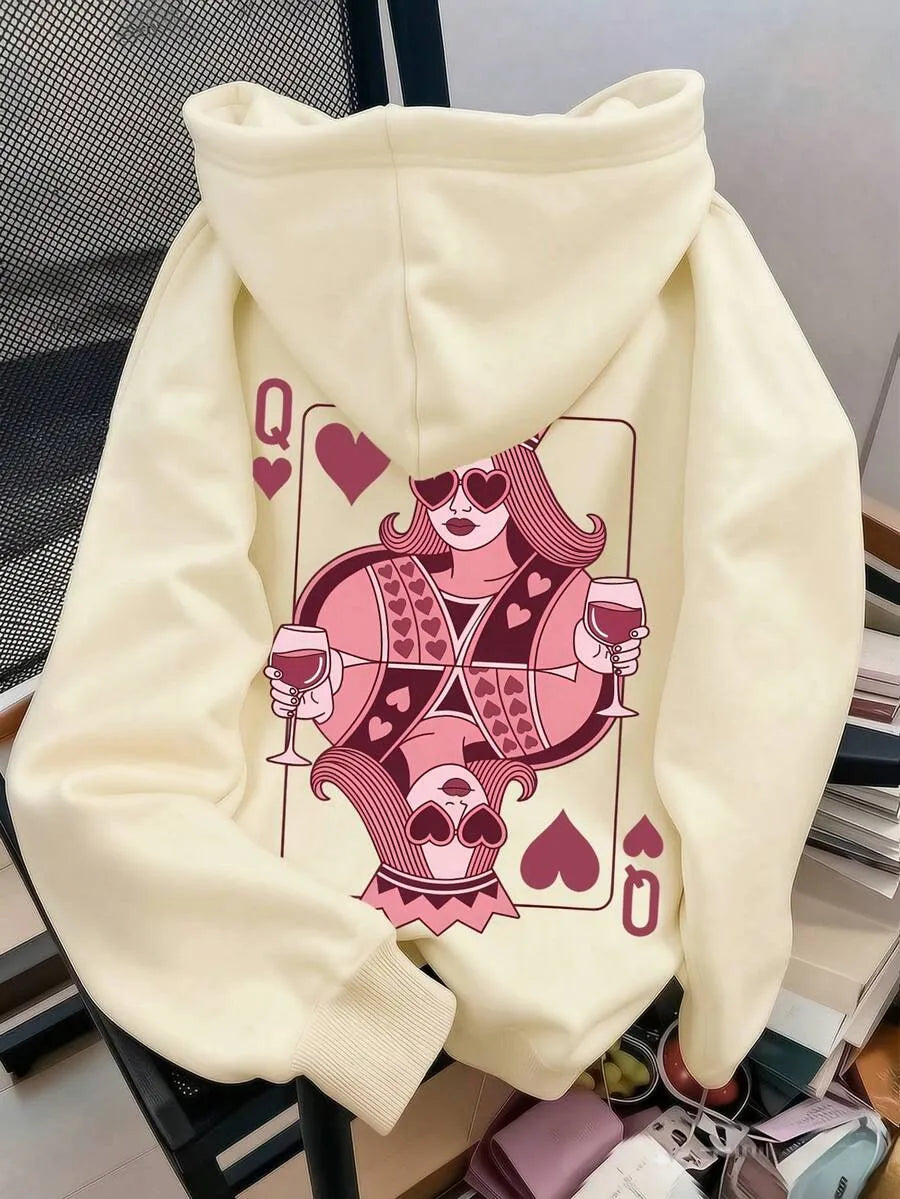 SHEIN هودي نسائي فضفاض بطبعة بوكر وبورتريه وجيب بلون المشمش الفاتح
