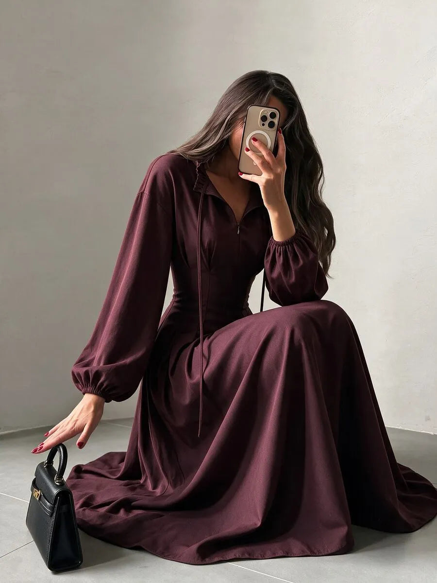 SHEIN NOVVYNE فستان ميدي بياقة وربطة وأكمام فانوس وكشكشة بلون عنابي