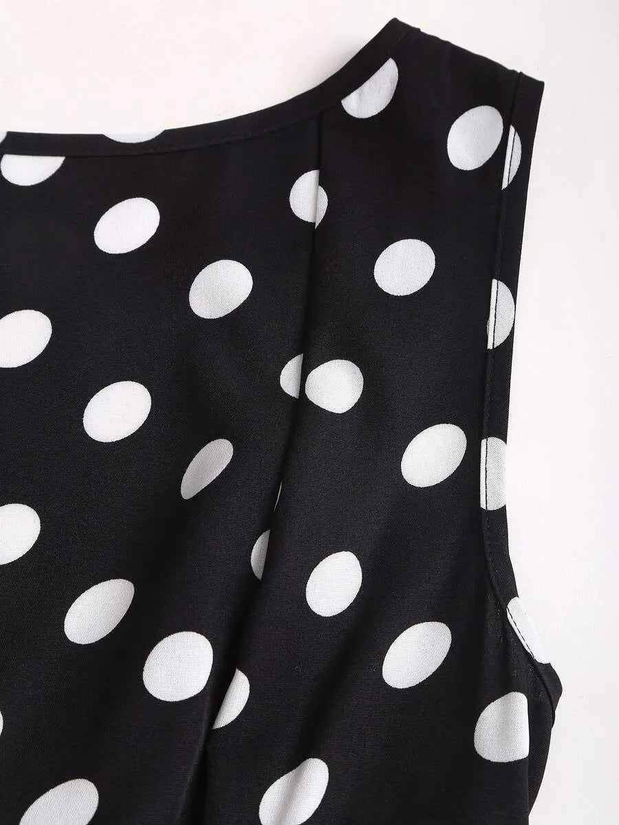 SHEIN Sweetra فستان ميني بدون أكمام بياقة قارب وظهر مكشوف ورباط خصر ونقشة نقاط بلون أسود
