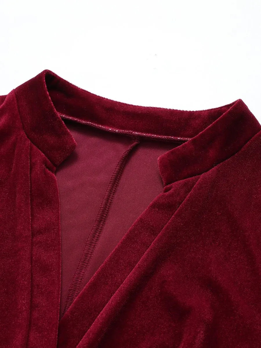 SHEIN Feyla فستان ميدي بياقة وأزرار أمامية بلون عنابي