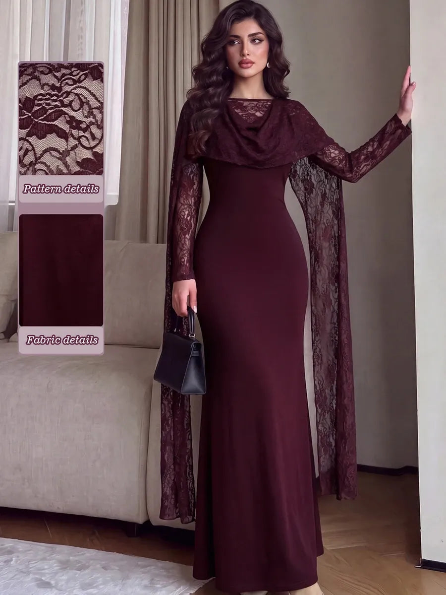 SHEIN Modelyn فستان طويل ضيق بياقة دائرية وأكمام واسعة وتفاصيل دانتيل بلون عنابي